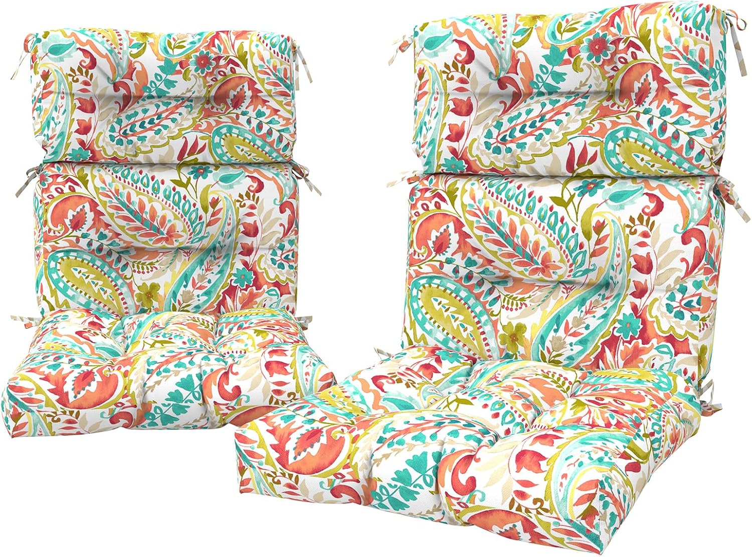 LVTXIII 2 Pack Outdoor High Back Cushions, 22' W x 20' D Tufted Seat and Back Chair Cushion with Ties, Fluffy Patio Replacement Rocking Chair Cushion for Outdoor Furniture Use, Pretty Paisley
