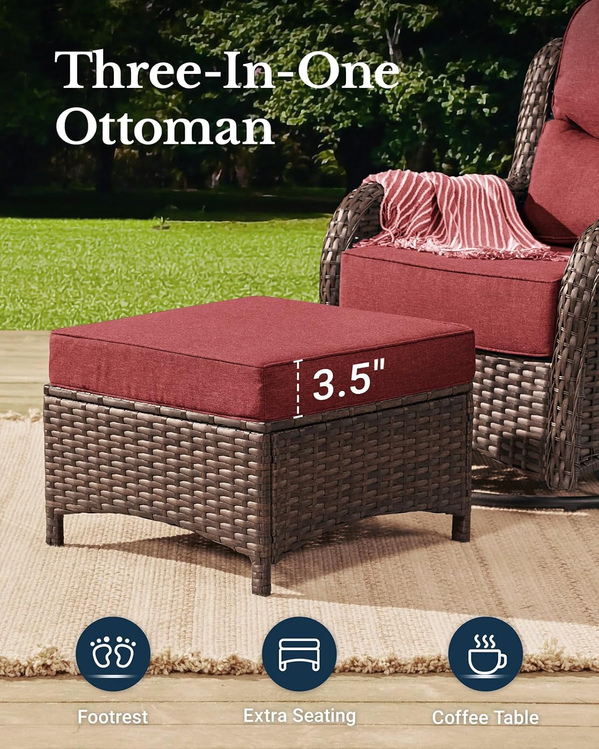 HILLGA Luxury Outdoor Swivel Rocker Patio Chairs of 2 with 6 Inch Thick Cushions and Side Table, Swivel Outdoor Chairs 5PCS High Back Wicker Patio Furniture Set for Porch, Balcony, Deck in Burgundy