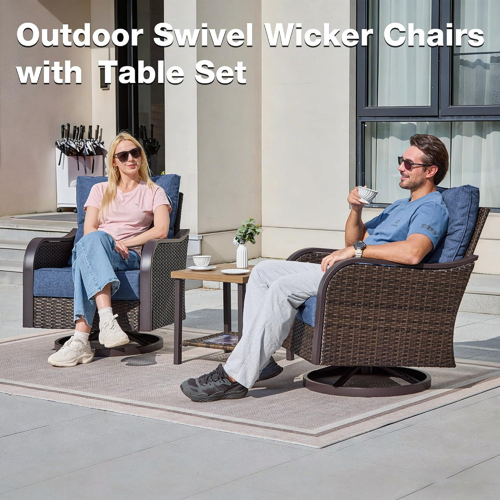 Outdoor Swivel Rocker Chairs, Wicker Swivel Rocking Chairs with 6'' Thick Cushions and Side Coffee Table, 3 Piece Patio Furniture Set for Balcony, Porch, Deck, Poolside, Navy Blue