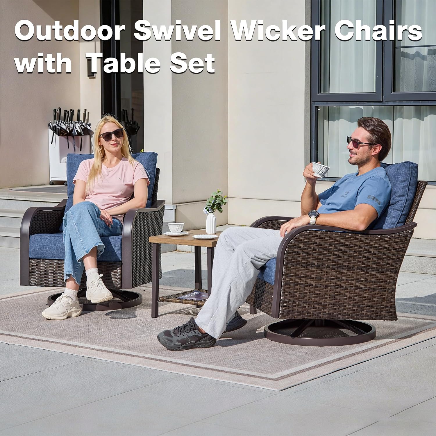 Outdoor Swivel Rocker Chairs, Wicker Swivel Rocking Chairs with 6'' Thick Cushions and Side Coffee Table, 3 Piece Patio Furniture Set for Balcony, Porch, Deck, Poolside, Navy Blue