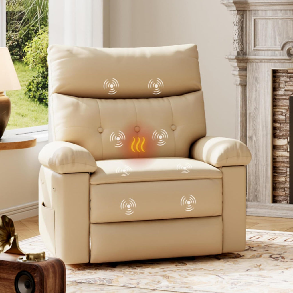 GarveeHome Oversized Leather Recliner Chair - Heat and Massage, Swivel Rocker Manual Recliner for Adults, Lazy Rocking Chair with Comfort Arms and Back Single Sofa for Living Room