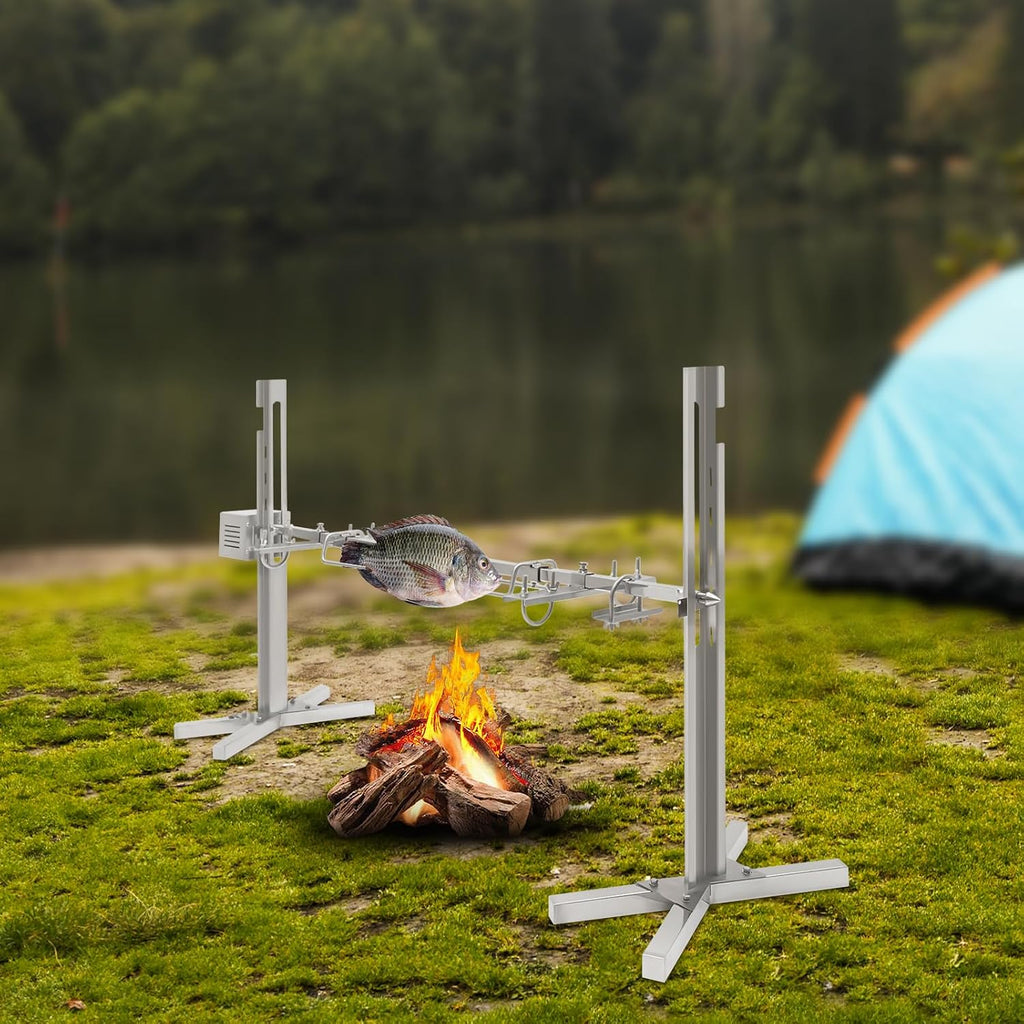 110V Rotating Stainless Steel Barbecue Rack, Adjustable Height Electric BBQ Rotisserie Grill Kit, Universal Roaster Stand, Outdoor Electric Grill for Camping, Parties, Backyard Gatherings