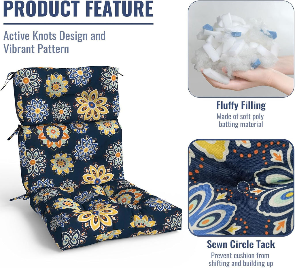 Outdoor High Back Patio Chair Cushions, Fade Resistant & Waterproof Tufted Seat and Back Cushions for Patio Furniture, Patio Chair Cushions 44x22 Inch, Set of 2, Bloom Medallion‌Cobalt