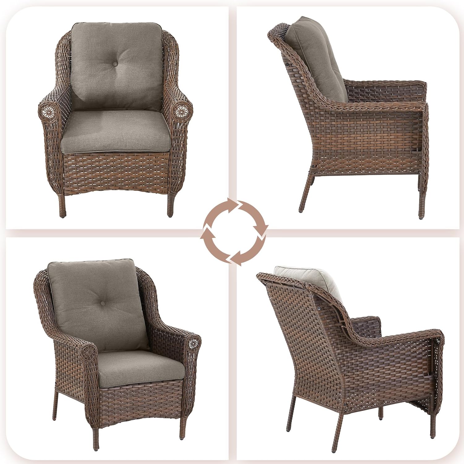 Patio Wicker Chairs Outdoor Furniture Chair - Set of 4 Outside All Weather Lawn Dining Brown Rattan Armchair with High Back&Deep Seating for Deck Porch Balcony Backyard Garden - Grey