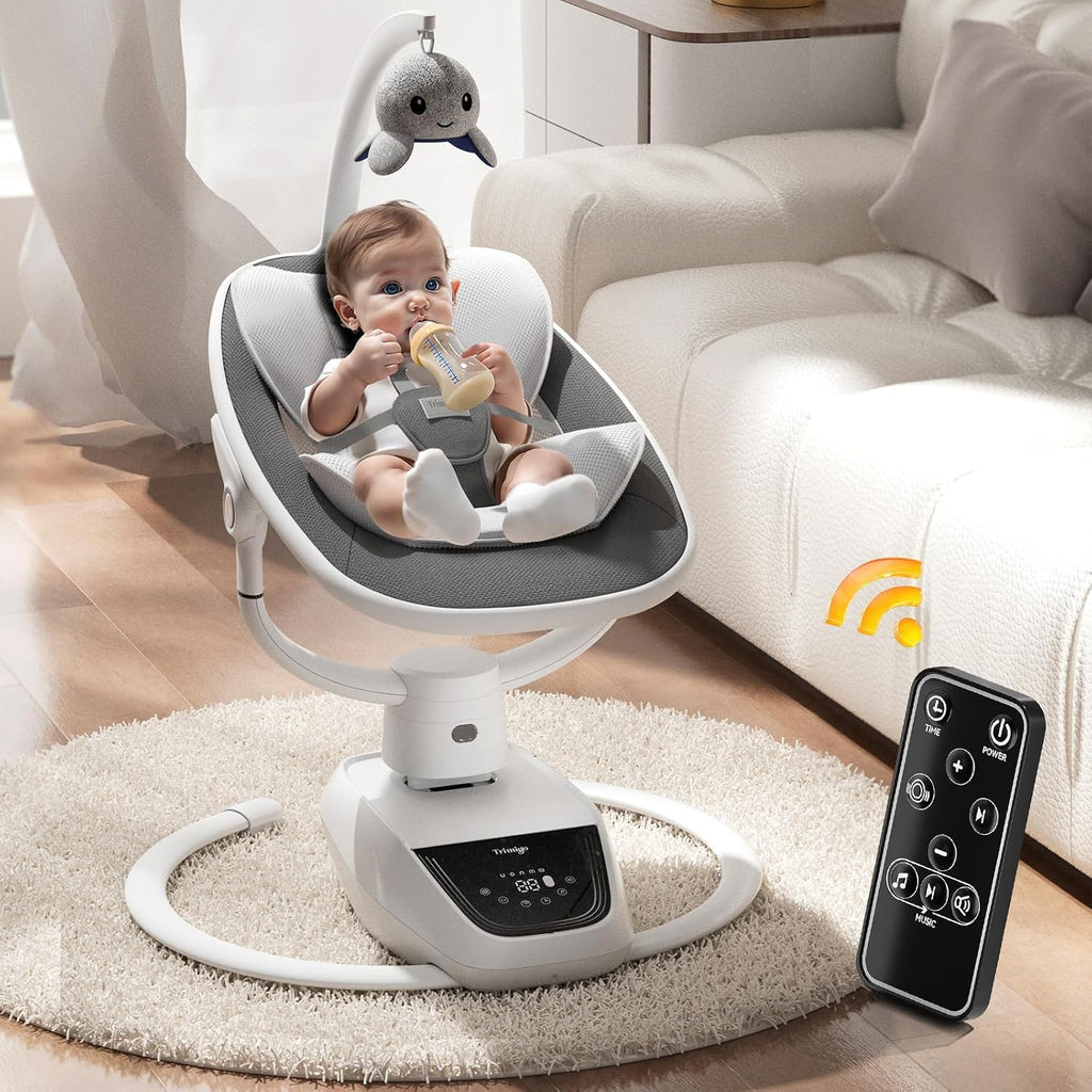 Trimigo Baby Swings for Infants to Toddler, 180° Adjustable 3D Electric Baby Swing, Remote,5-Modes,4-Speed,3-Seat Height, 8 Melody, Newborn Swings,Infant Swings for Babies 0-12 Month (Grey)