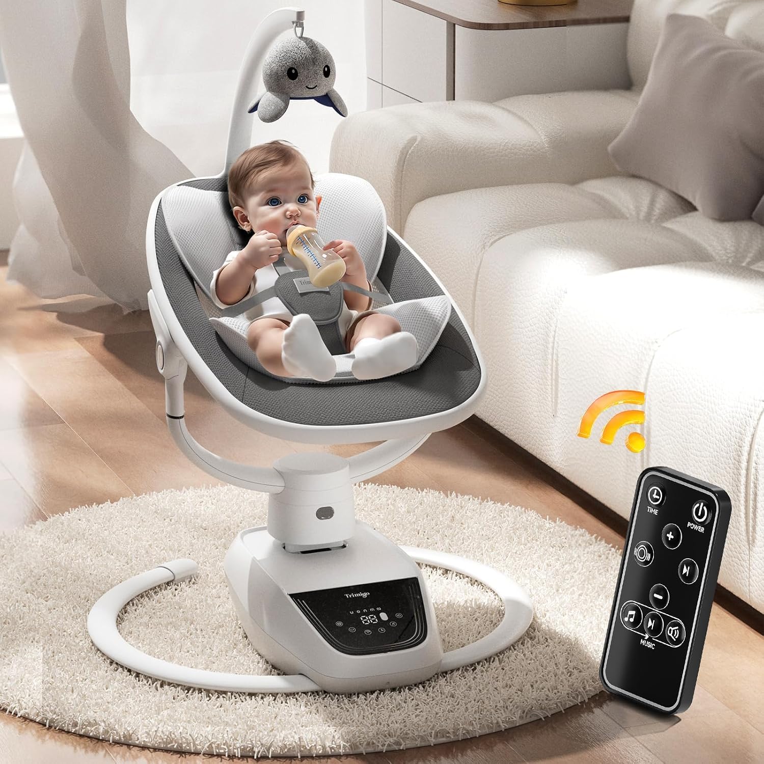 Trimigo Baby Swings for Infants to Toddler, 180° Adjustable 3D Electric Baby Swing, Remote,5-Modes,4-Speed,3-Seat Height, 8 Melody, Newborn Swings,Infant Swings for Babies 0-12 Month (Grey)