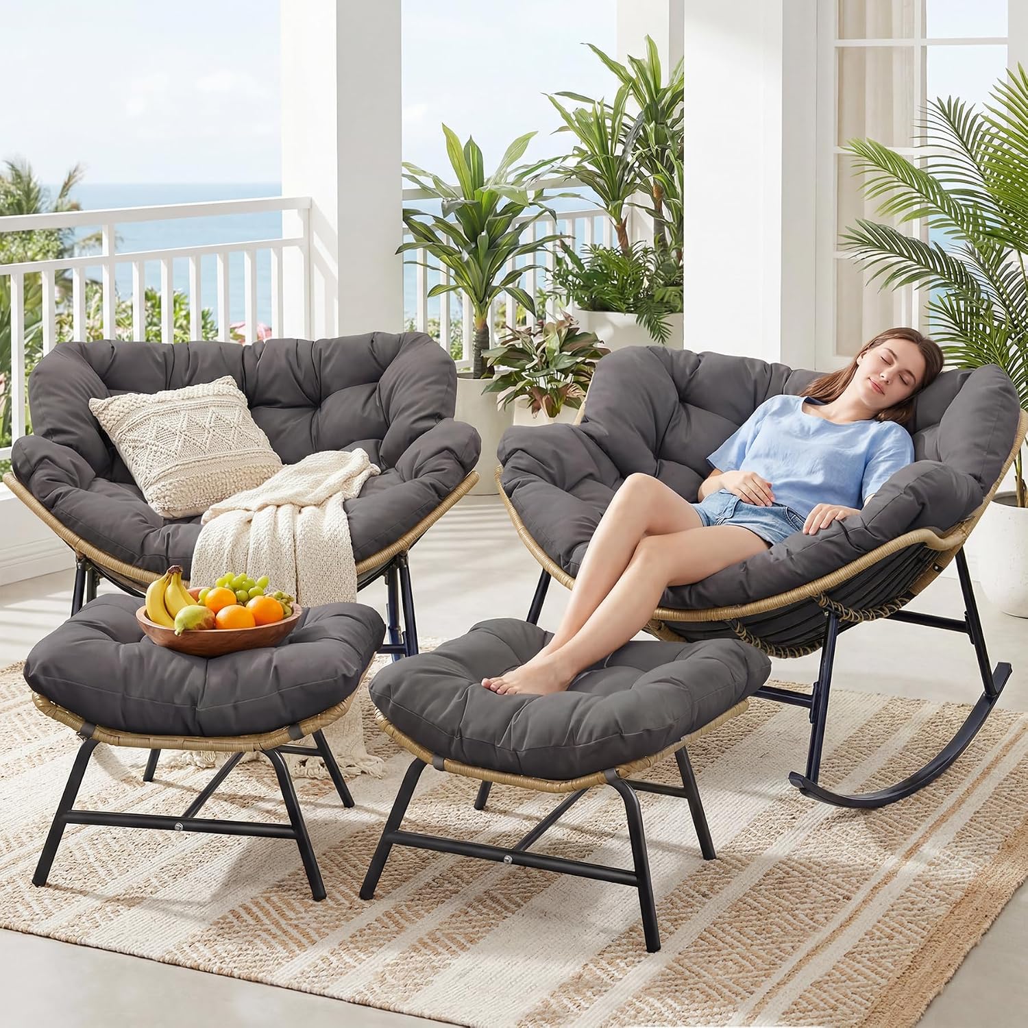 BULEXYARD Large Rocking Egg Chair 4 Pcs with Ottoman Indoor Outdoor 450lbs, Brown Wicker Royal Rocking Papasan Chair with Dark Grey Thick Cushion, Comfy Recliner Lounge Rocker for Balcony, Porch