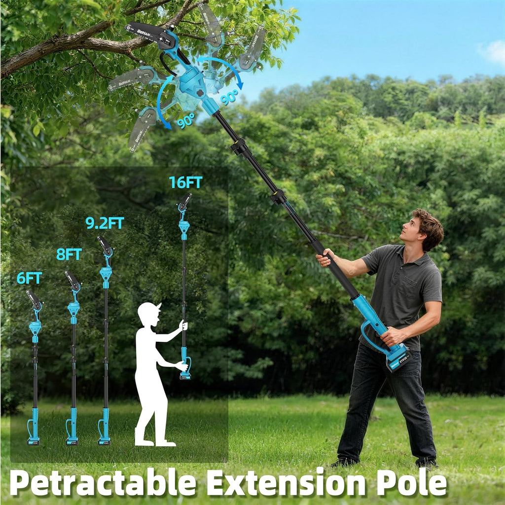 4-in-1 Electric Pole Saw for Tree Trimming, 6 Inch and 8 Inch Cordless Chainsaw with 2×4.0 Ah Batteries, Mini Chainsaw Cordless with Extension Pole, Battery Powered Pole Chain Saw for Branch Cutter