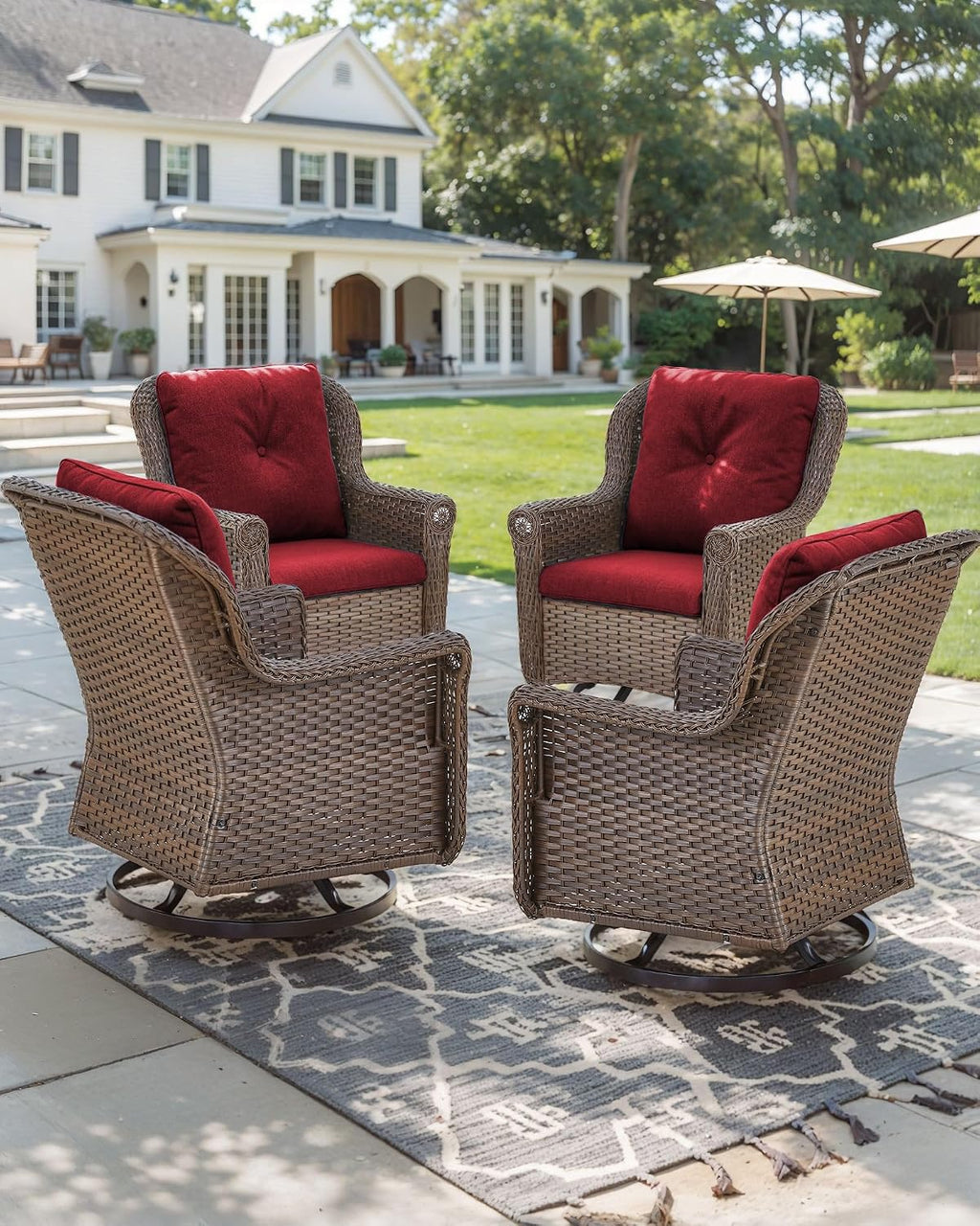 Patio Chairs Outdoor Swivel Glider - Set of 4 High Back Outside Brown Wicker Rattan Rocking Chair with Thick Cushion for Porch Apartment Deck Yard Poolside Garden - Red