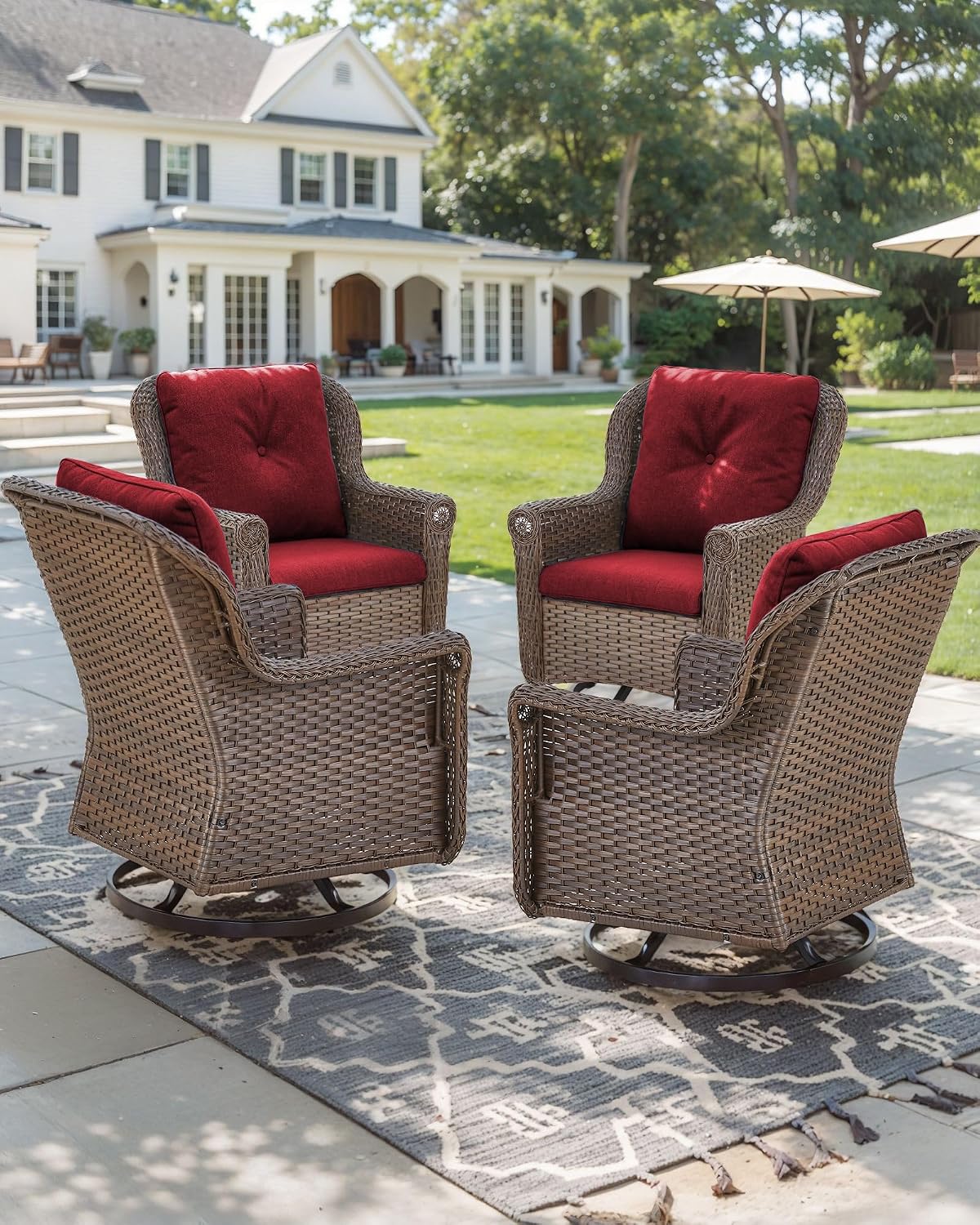 Patio Chairs Outdoor Swivel Glider - Set of 4 High Back Outside Brown Wicker Rattan Rocking Chair with Thick Cushion for Porch Apartment Deck Yard Poolside Garden - Red