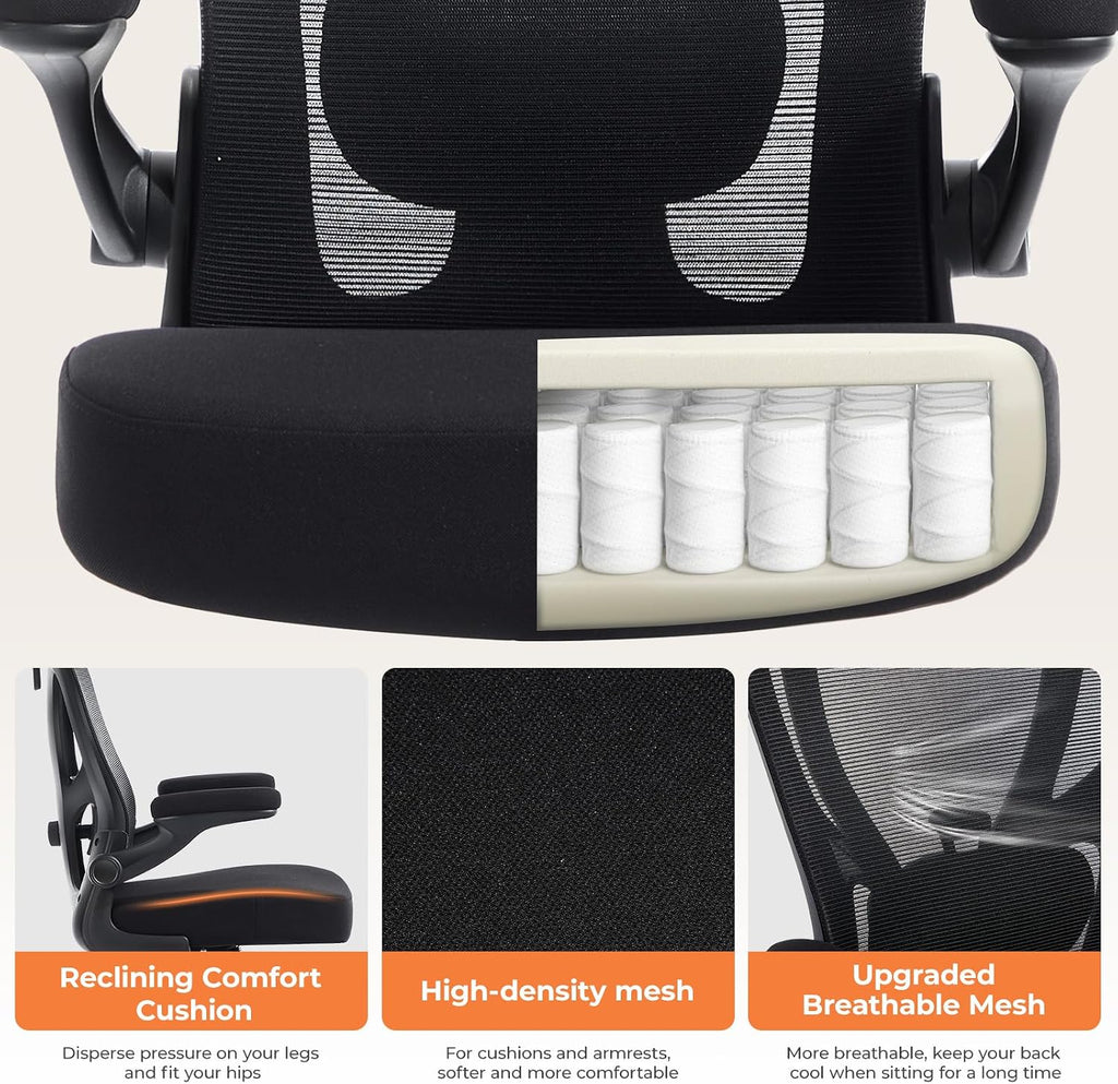 Office Chair Ergonomic Office Chair with Lumbar Support, Head Support, Rocking Function, FILP-up Armrests, Mesh High Back Chair Home Office Desk Chair, Suitable for Home, Office, Black
