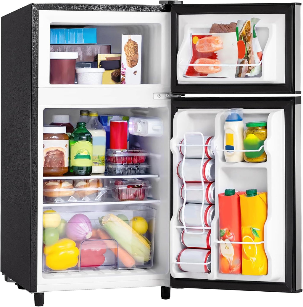 Manastin 3.5 Cu.Ft 2 Door Mini Fridge with Freezer, Small Refrigerator, 7 Level Adjustable Thermostat, Compact Fridge for Living Room, Dorm, Office, Kitchen and Apartment (Silver)