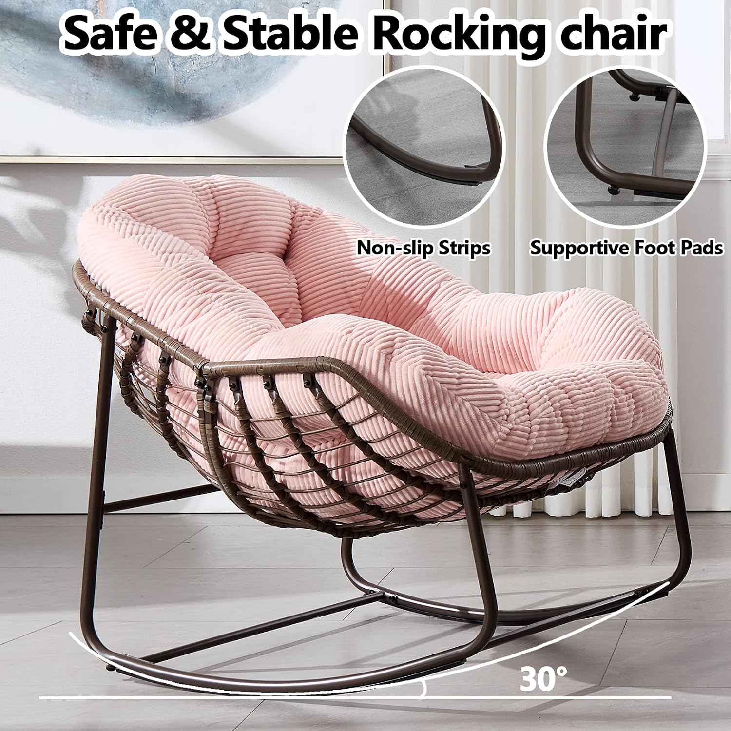 HRVEOCEI Papasan Rocking Chair with Cushion and Frame, Oversized Rocking Chair Indoor/Outdoor, Circle Chairs for Patio Garden Front Porch, Corduroy/Velvet (Pink)