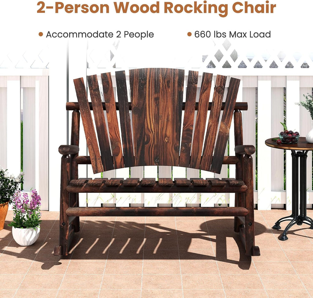 Giantex Outdoor Wooden Rocking Bench, 2-Person Adirondack Porch Rocker Chair with High Back and Slatted Seat, Rustic Log Loveseat for Front Porch Patio, Backyard, Garden, Brown, 51'x38'x46'