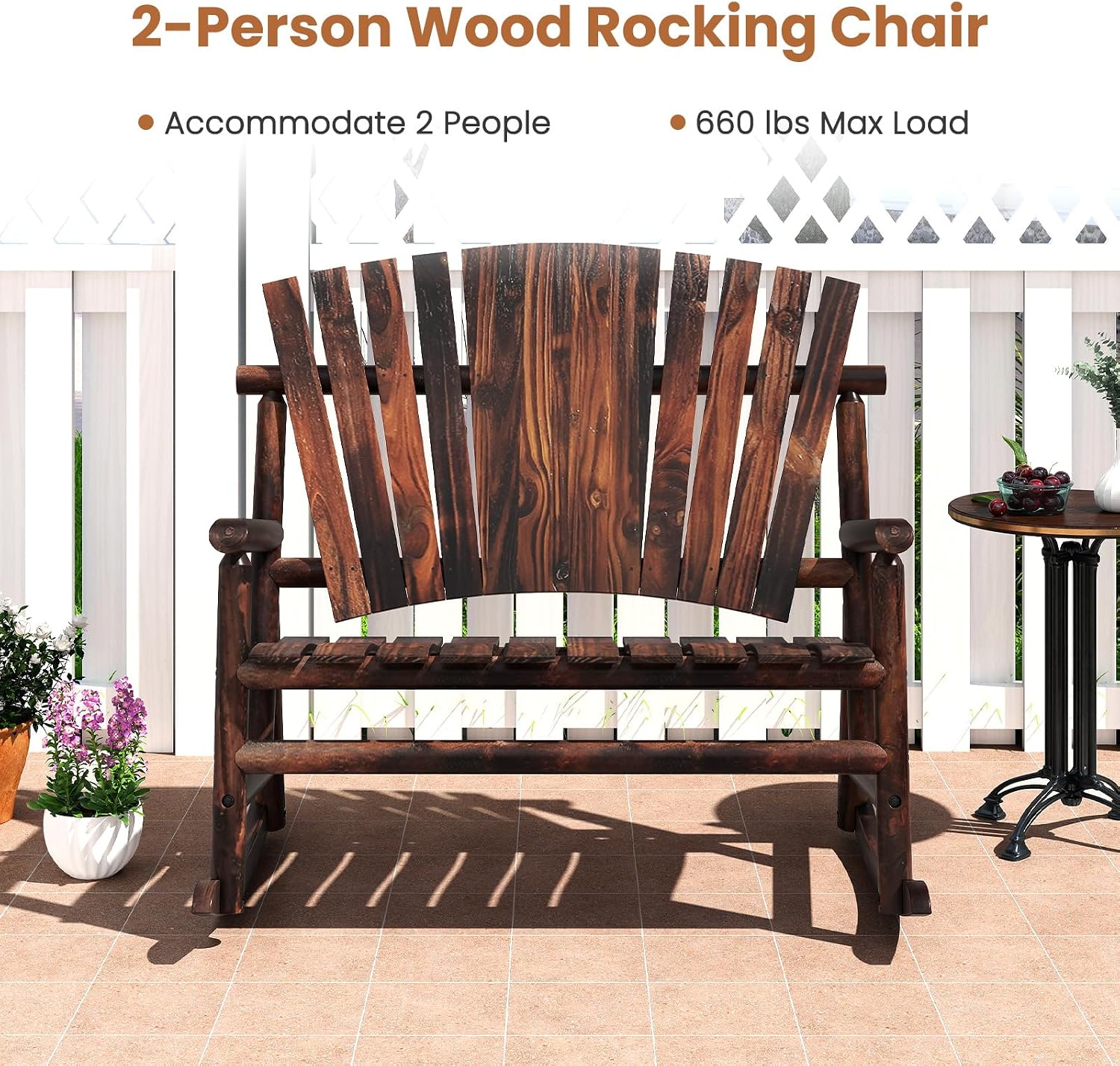 Giantex Outdoor Wooden Rocking Bench, 2-Person Adirondack Porch Rocker Chair with High Back and Slatted Seat, Rustic Log Loveseat for Front Porch Patio, Backyard, Garden, Brown, 51'x38'x46'