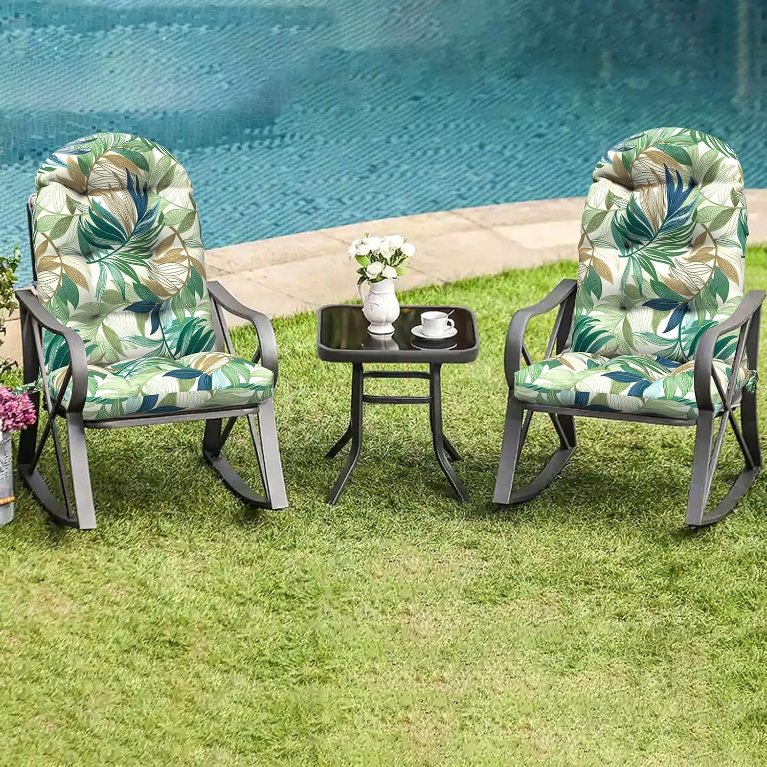LVTXIII 2 Pack Outdoor Adirondack Chair Cushions, 44x19x4 Inch Water Repellent Patio Cushions for Rocking Chairs, Thick Tufted High Back Seat Cushion Set, Lush Leaf Green