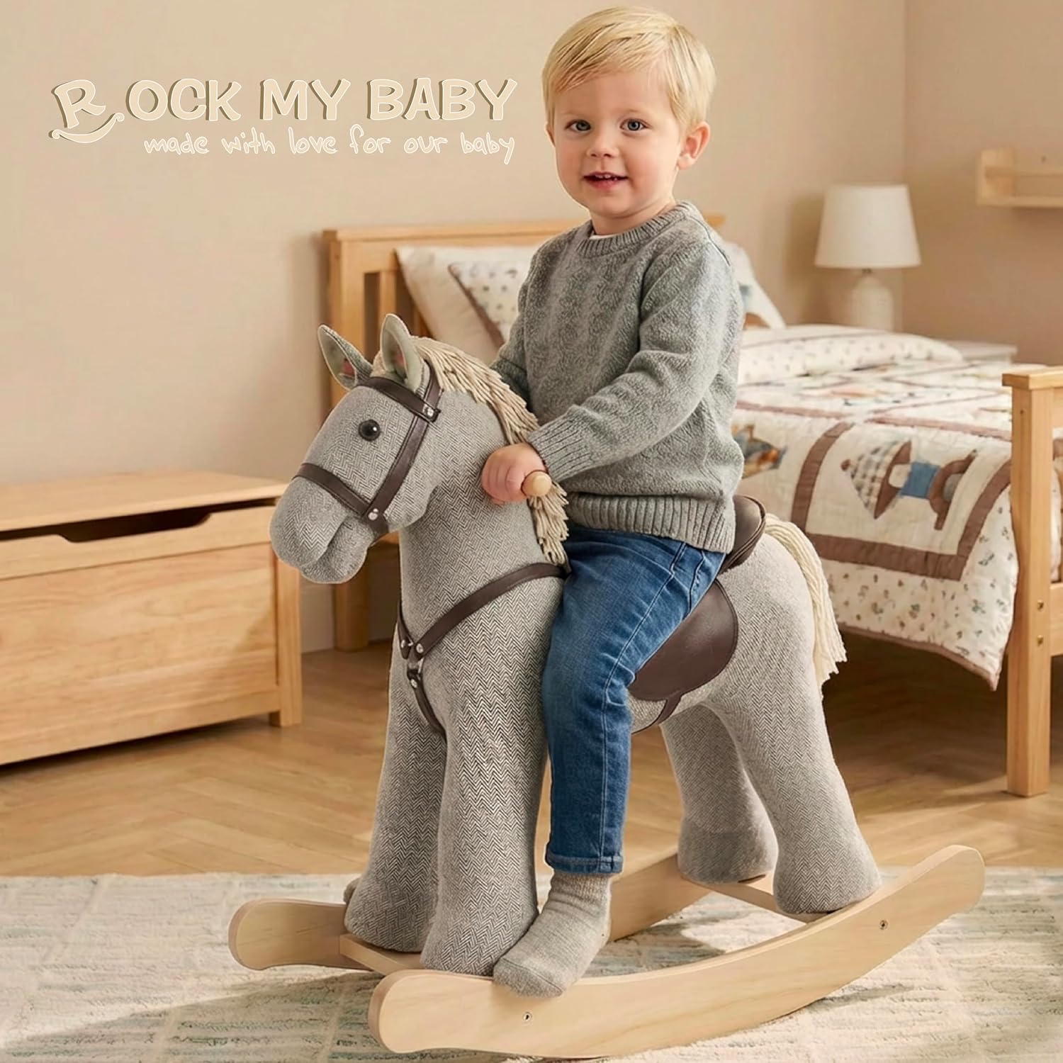 Rock My Baby Rocking Horse, Gray Wooden Rocking Toy, Rocking Animals for Children 2-6 Years Old, Ride on Pony with Realistic Sound, CPC Certified