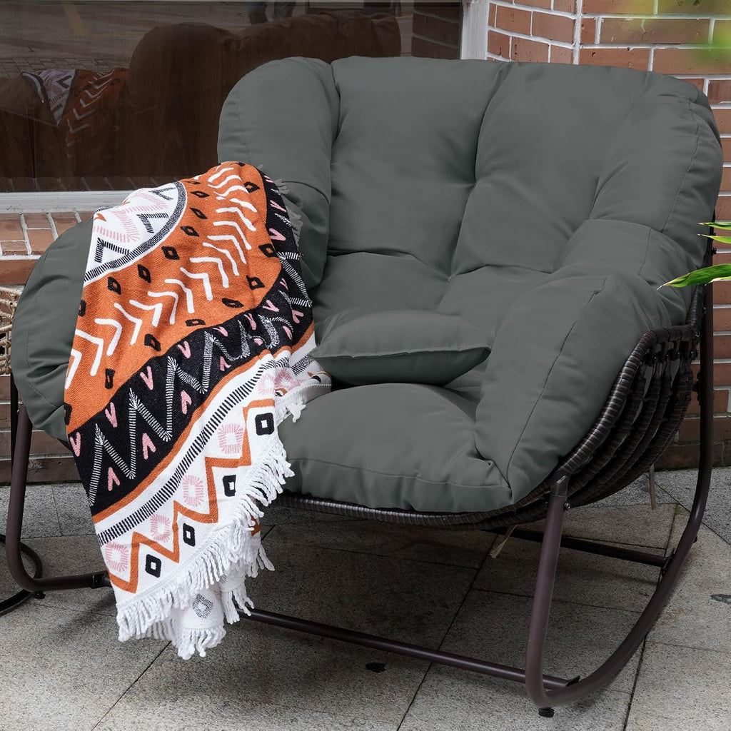 Outdoor Papasan Rocking Chair, Oversized Patio Rocking Chairs with Padded Cushion& Pillow-Comfortable Rocker Egg Chair for Front Porch, Garden, Patio, Backyard,2PC,Grey
