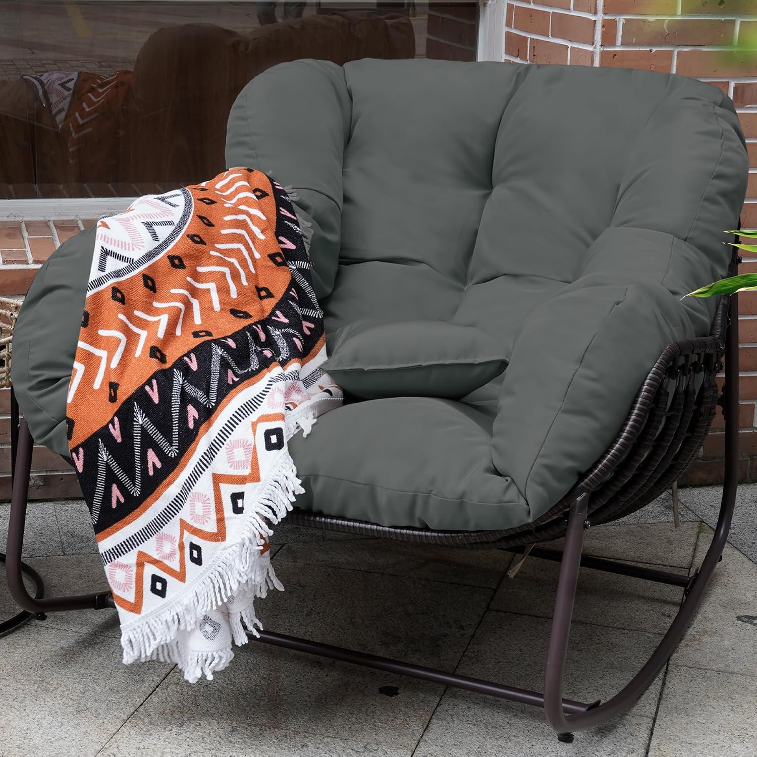 Outdoor Papasan Rocking Chair, Oversized Patio Rocking Chairs with Padded Cushion& Pillow-Comfortable Rocker Egg Chair for Front Porch, Garden, Patio, Backyard,2PC,Grey