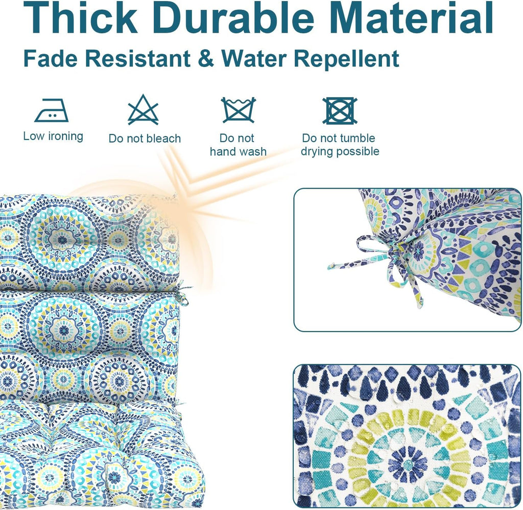 DYTXIII Outdoor High Back Chair Cushions Set of 2, Water Repellent Tufted Rocking Seat Cushions Replacement 44 x 22 Inch, Seat & Back Chair Pads for Patio, Balcony and Indoor Use -Delancey Lagoon