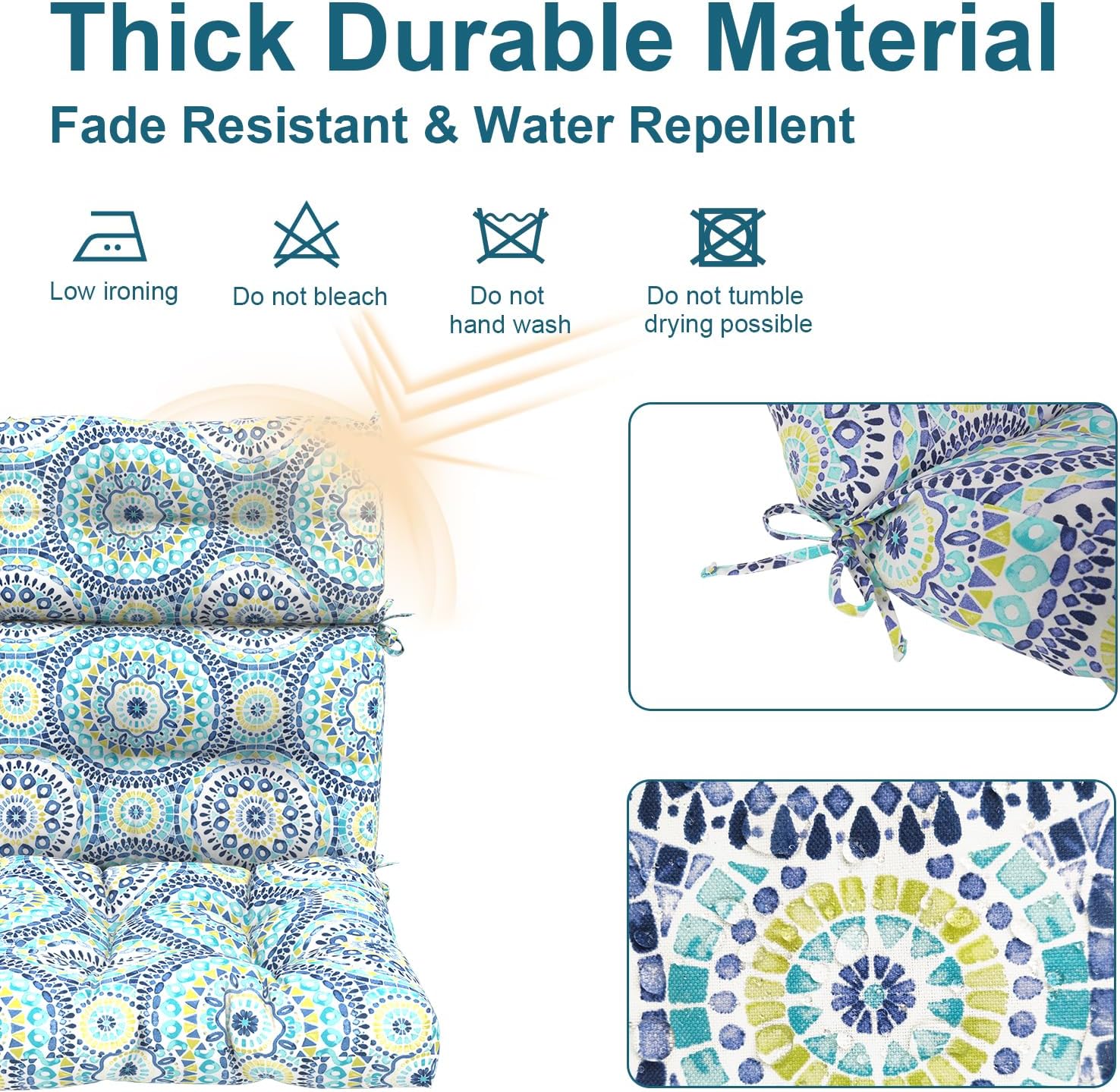 DYTXIII Outdoor High Back Chair Cushions Set of 2, Water Repellent Tufted Rocking Seat Cushions Replacement 44 x 22 Inch, Seat & Back Chair Pads for Patio, Balcony and Indoor Use -Delancey Lagoon
