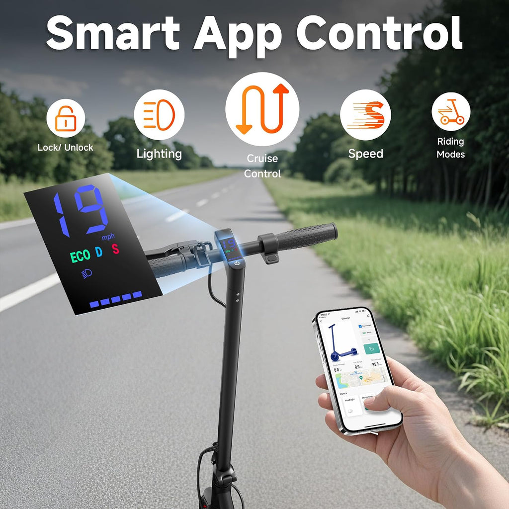 Electric Scooter, 350W/ 500W Motor, 19 MPH to 22MPH, 21 to 40 Miles Range, Dual Suspension, Dual Braking, App Control, Foldable Commuter E Scooter for Adults and Teens