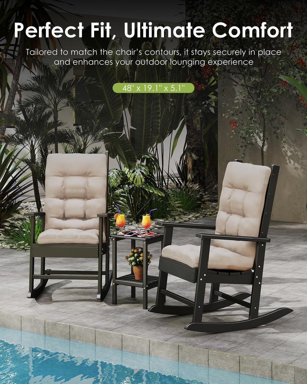 GREENVINES Rocking Chair Cushions Set of 4 | Polyester | Waterproof | Outdoor High Back Rocker Chairs Cushion | Seat with Ties | Non-Slip | Thickened Pad for Patio | 46.5' x 18.5' x 4.3' | Beige