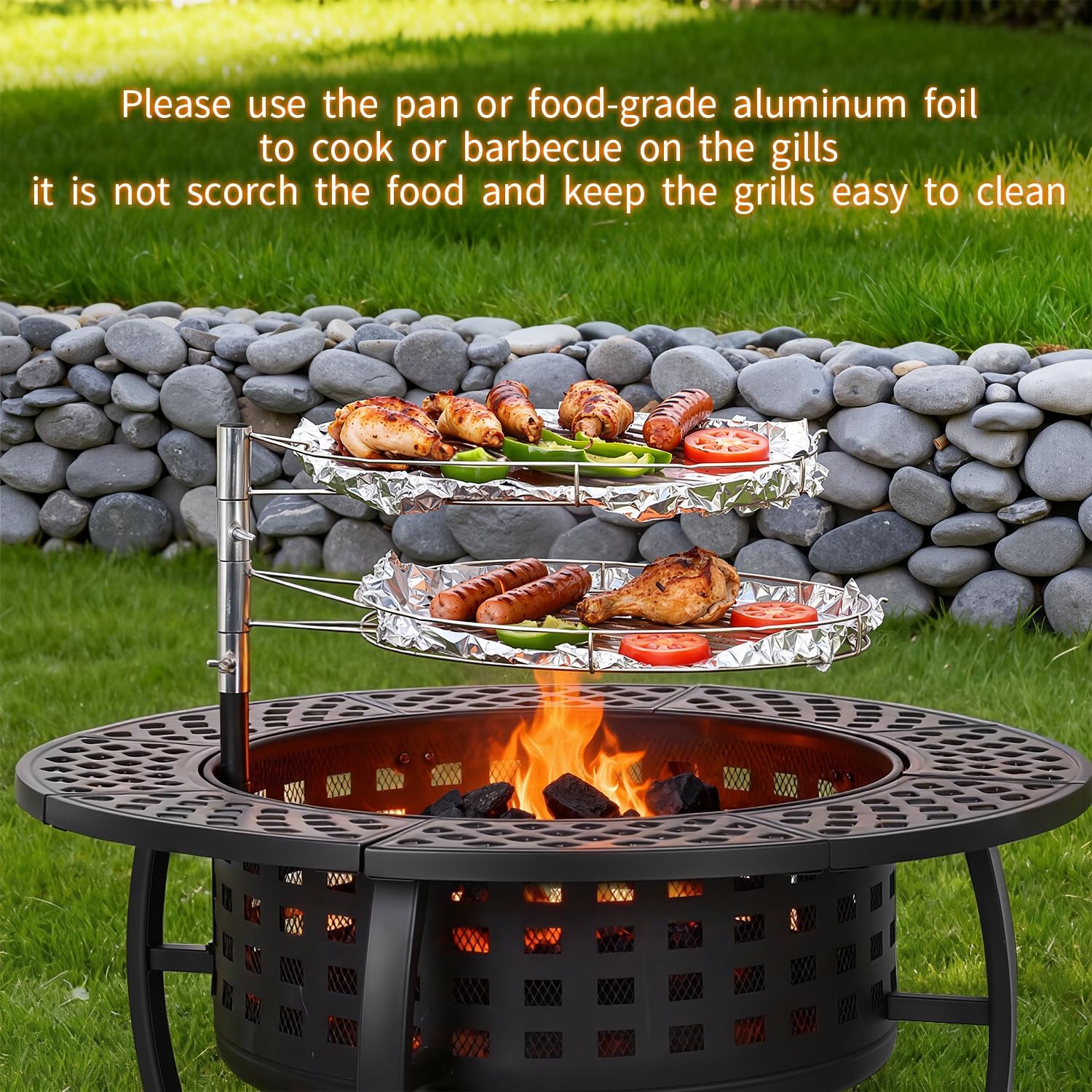 36 Inch Fire Pit with 2 Adjustable Grills, Wood Burning Outdoor Fire Pits with Lid, 3-in-1 BBQ & Fire Table for Backyard, Patio, Camping & Parties