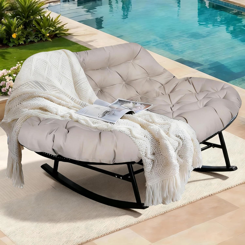 Double Outdoor Rocking Papasan Chair, 2-Person Oversized Loveseat Rocker, Thickened Soft Cushion & Rattan Wicker Frame, for Patio, Garden, Balcony Relaxation (Waterproof Fabric,Beige)