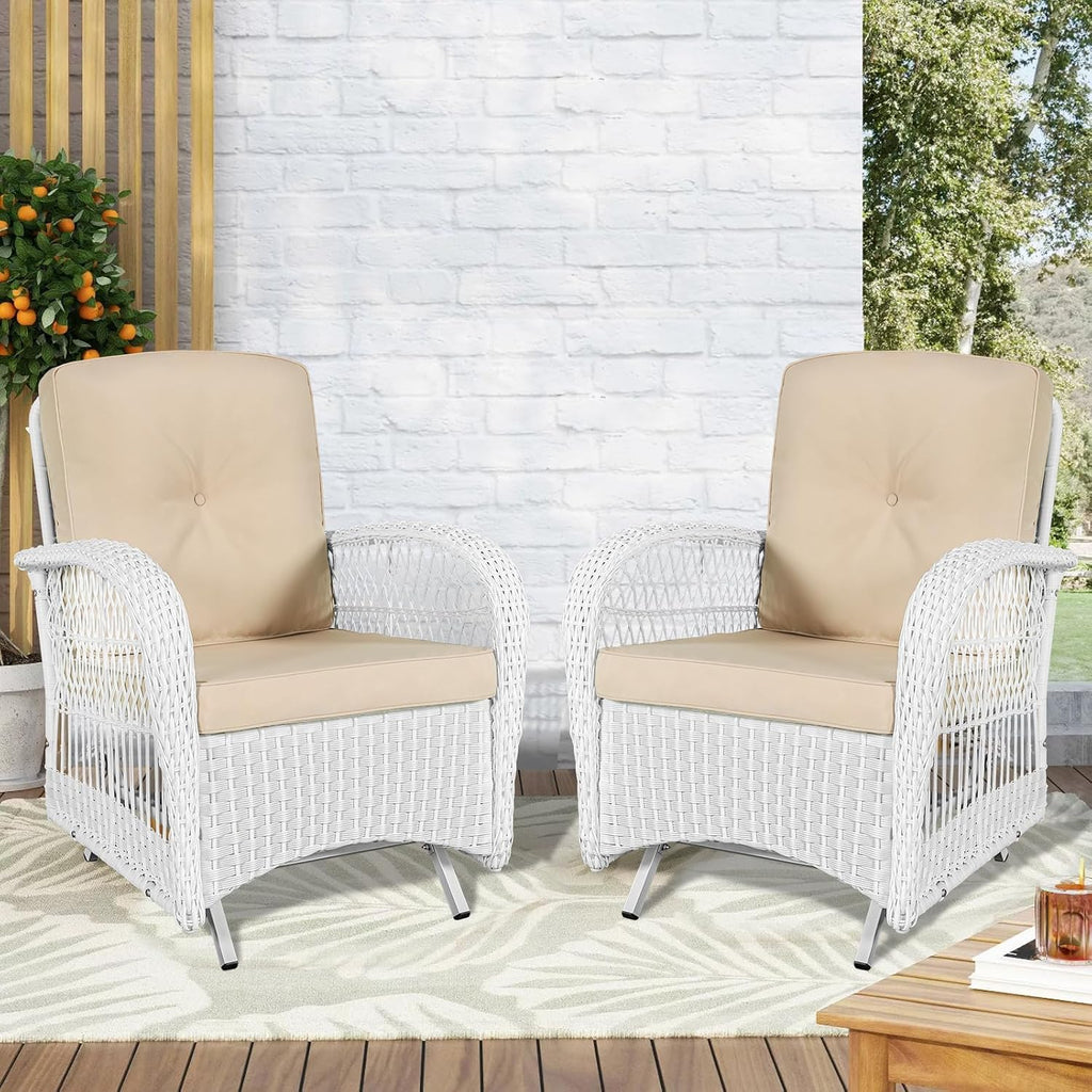 VIVIJASON 2-Piece Outdoor White Wicker Glider Rocking Chair, Patio Rattan Swing Glider Chairs with Cushions & Steel Frame, All-Weather Gliding Lawn Wicker Furniture for Garden Backyard Porch, Beige
