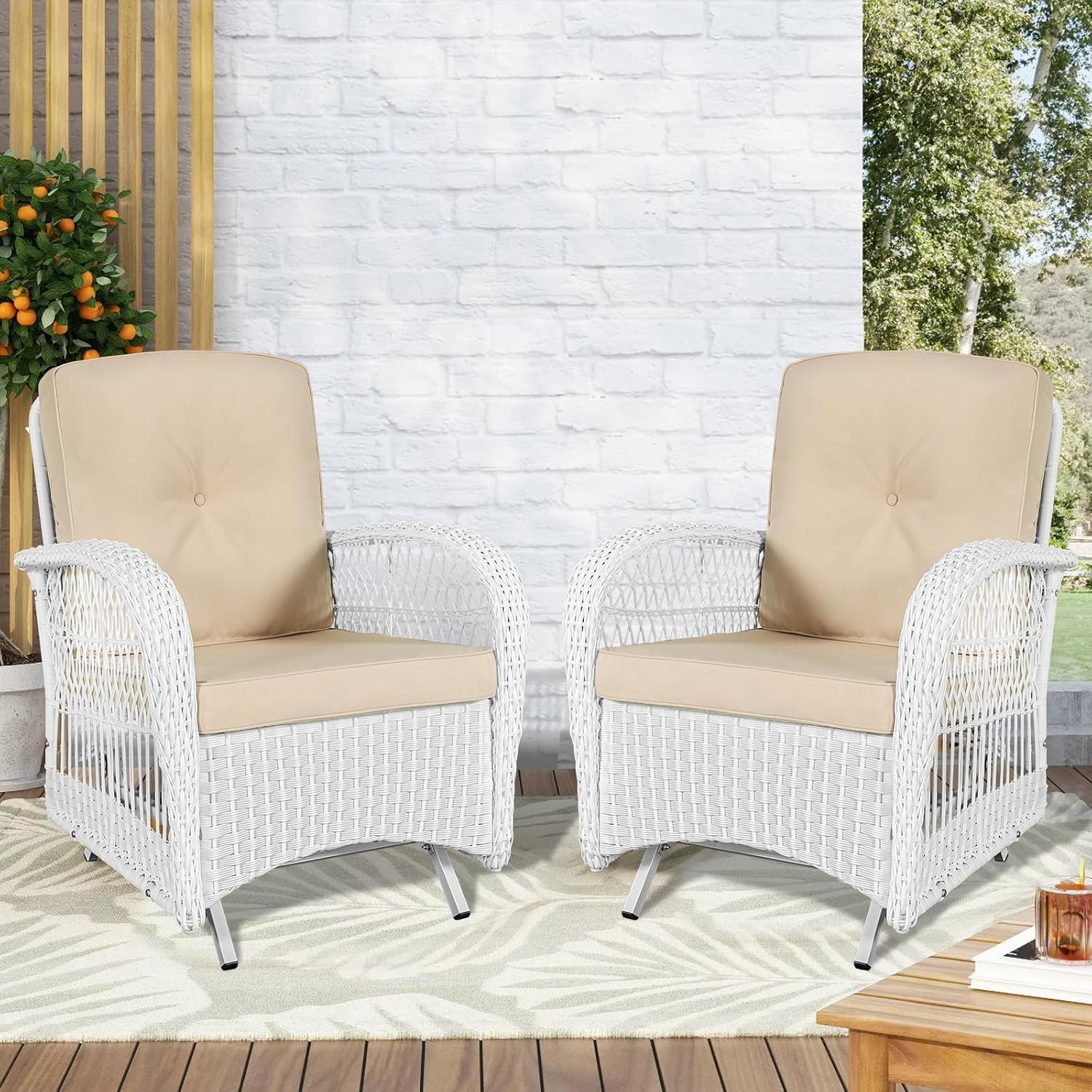 VIVIJASON 2-Piece Outdoor White Wicker Glider Rocking Chair, Patio Rattan Swing Glider Chairs with Cushions & Steel Frame, All-Weather Gliding Lawn Wicker Furniture for Garden Backyard Porch, Beige