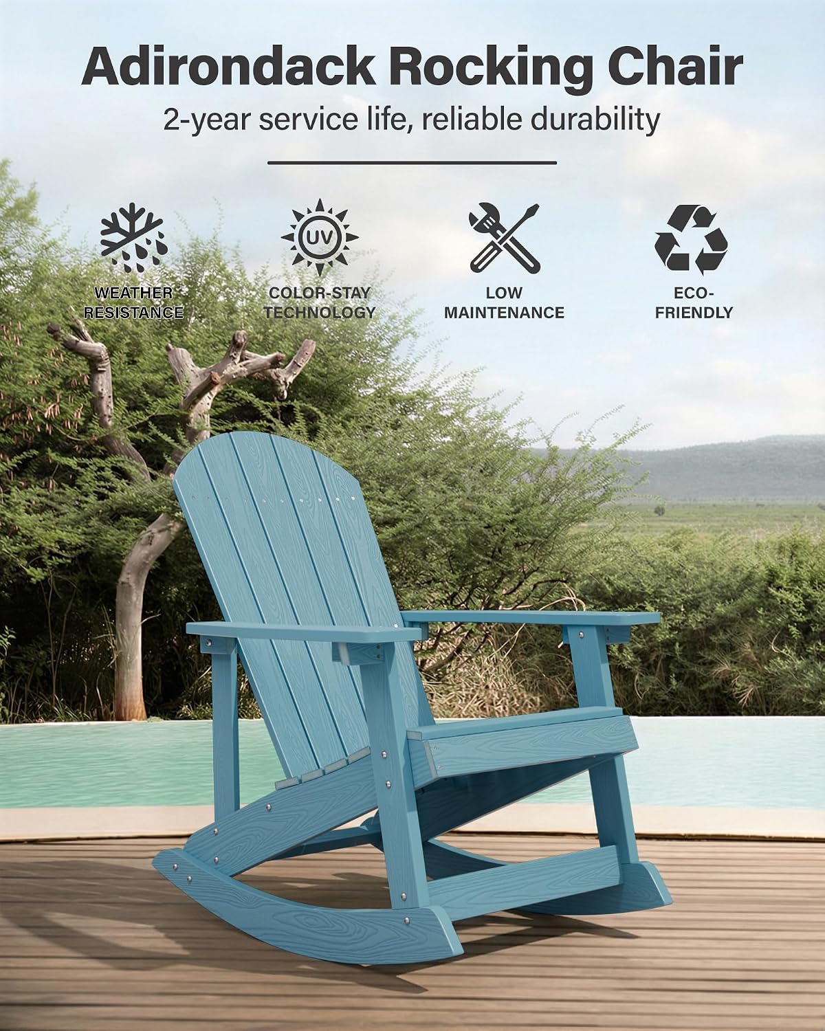 YEFU Outdoor Rocking Chair,Adirondack Rocking Chair,Patio Rocker Chair with Wide Back,Oversized Rocker Chair Look Like Real Wood, for Lawn, Porch, Backyard, Indoor and Garden(Blue)