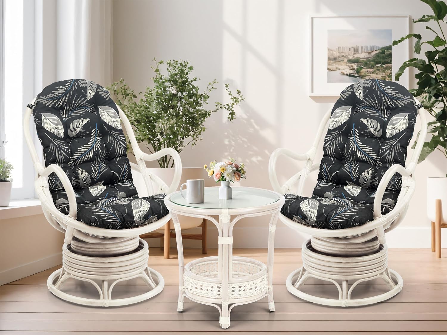 Java Lounge Swivel Rocking Chair with Black Leaf Cushion Natural Rattan Wicker Handmade, White Color
