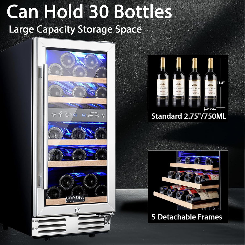 BODEGA 15 Inch Dual Zone Wine Fridge, 30 Bottle, Black 15' Wine Cooler Under Counter For Home and Kitchen, With Double-Layer Glass Door, Wine Refrigerators Free standing with Temperature Control.