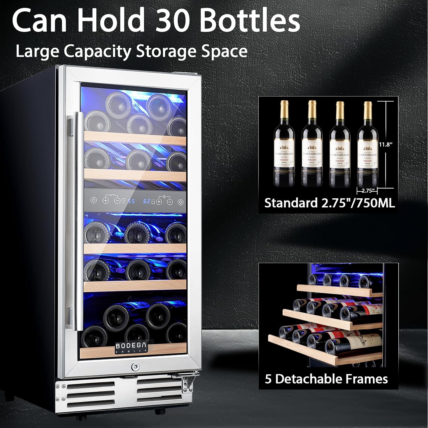 BODEGA 15 Inch Dual Zone Wine Fridge, 30 Bottle, Black 15' Wine Cooler Under Counter For Home and Kitchen, With Double-Layer Glass Door, Wine Refrigerators Free standing with Temperature Control.