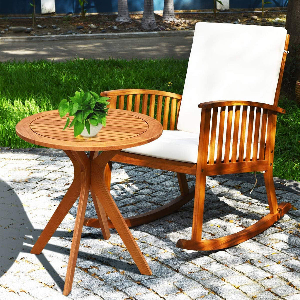 Tangkula 2 PCS Patio Bistro Set, Outdoor Acacia Wood Rocking Chair with Round Table, Thick Cushion of Detachable Cover, Rocking Chair Set for Outdoor Indoor Patio Backyard, Teak