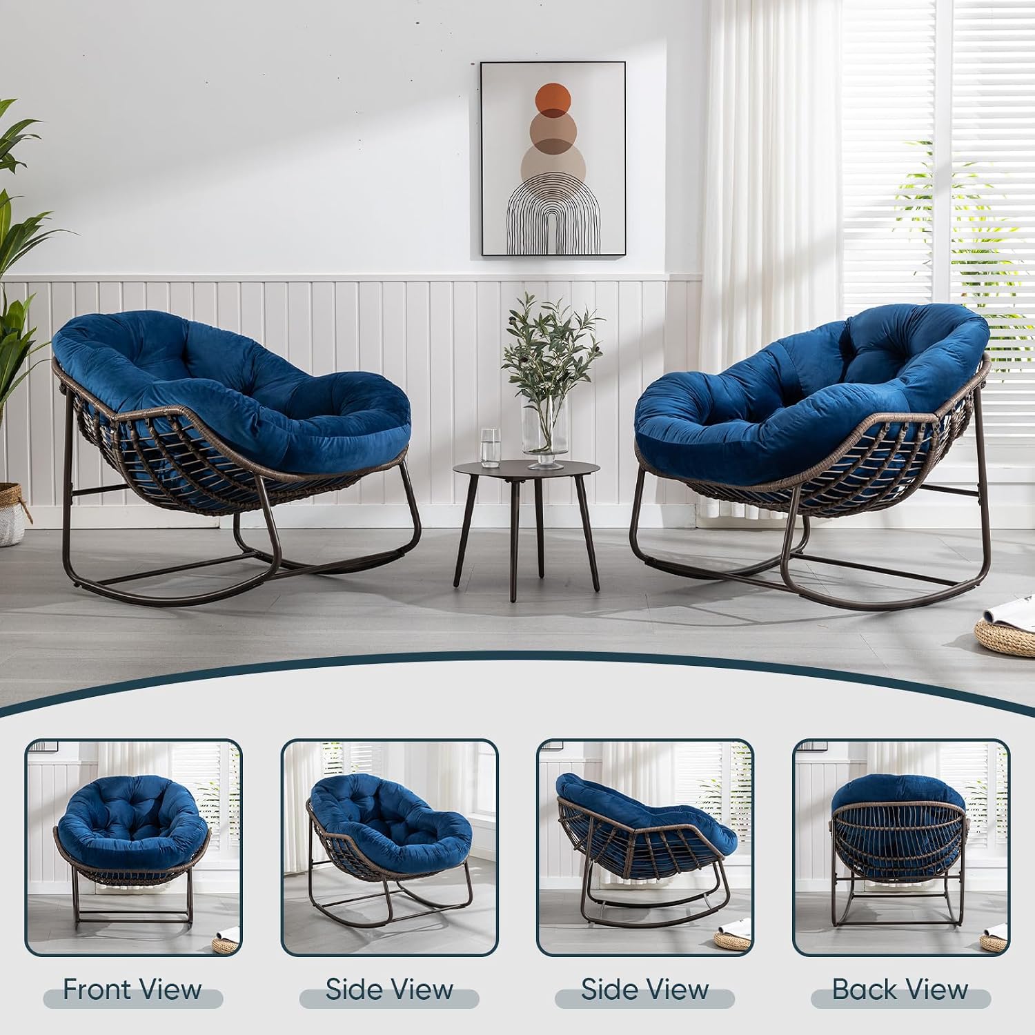 Outdoor Rocking Chair,Patio Oversized Rattan Egg Chair,Indoor Outside Padded Cushion Rocker Recliner Chair,Modern Lounge Chair for Front Porch,Garden,Backyard,Balcony,Deck,Navy Blue,Set of 1