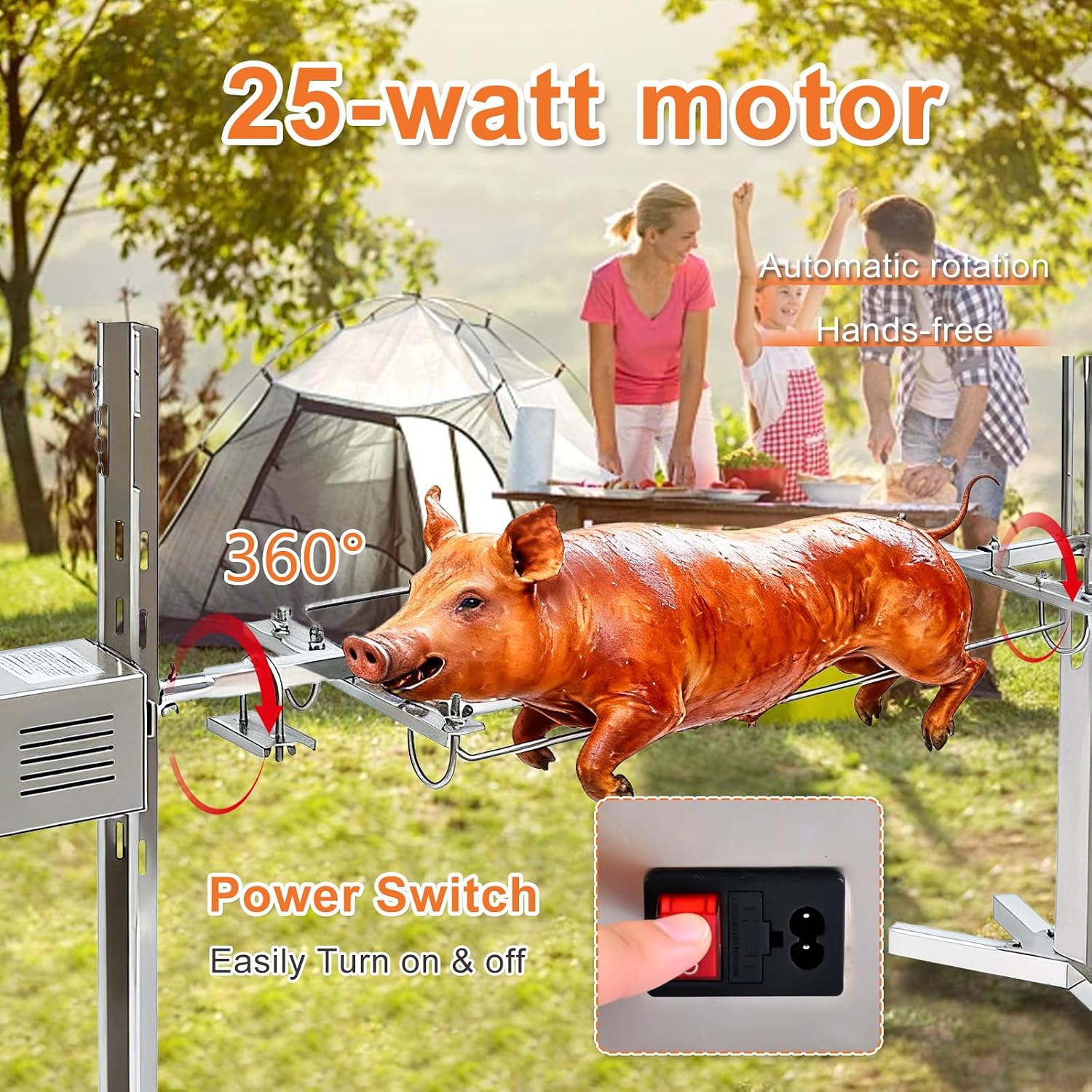 Rotisserie Grill Kit Stainless Steel Tripod Rotisserie Stand,Outdoor Electric Rotisserie BBQ Grill Kit,Adjustable Height 25W Motor with 19' Stainless Steel Spit, Heavy Duty for Chicken Pig Roasting