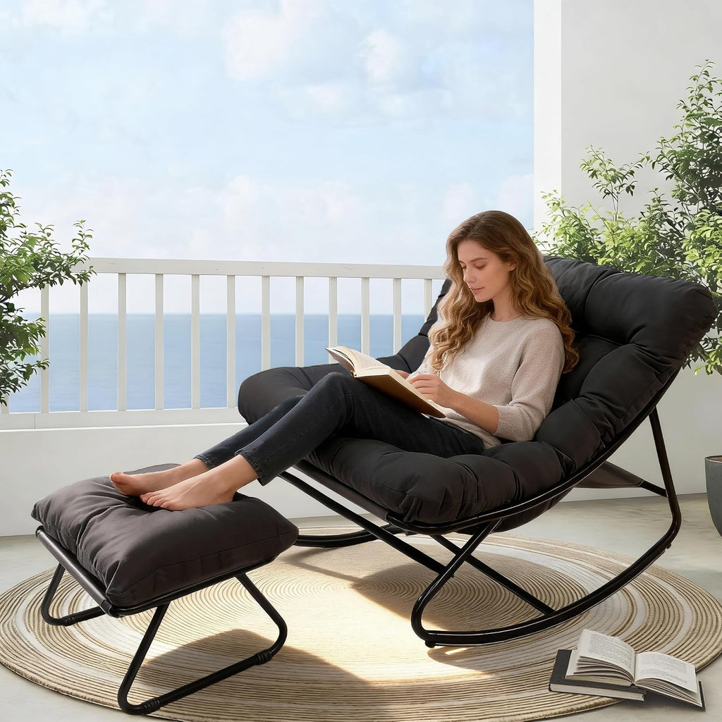 Oversized Patio Rocking Chair with Ottoman, Comfy Lounge Rocker Chair, Outdoor and Indoor Rocking Chairs with Deep Cushion, Metal Egg Chair for Living Room Porch Garden Balcony(Black1)