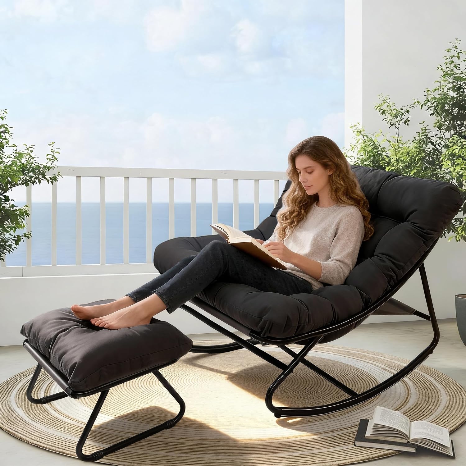 Oversized Patio Rocking Chair with Ottoman, Comfy Lounge Rocker Chair, Outdoor and Indoor Rocking Chairs with Deep Cushion, Metal Egg Chair for Living Room Porch Garden Balcony(Black1)