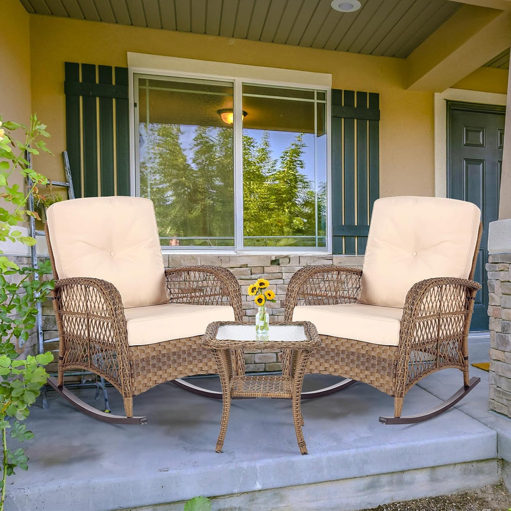 MEETWARM 3 Pieces Outdoor Wicker Rocking Chair Set, Rattan Patio Rocker Chairs Set with Cushions and Glass-Top Coffee Table, Conversation Bistro Set for Porch & Backyard - Beige