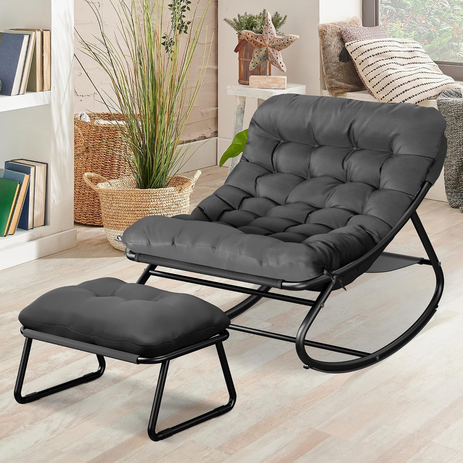 Oversized Patio Rocking Chair with Ottoman, Comfy Lounge Rocker Chair, Outdoor and Indoor Rocking Chairs with Deep Cushion, Metal Egg Chair for Living Room Porch Garden Balcony (Grey)
