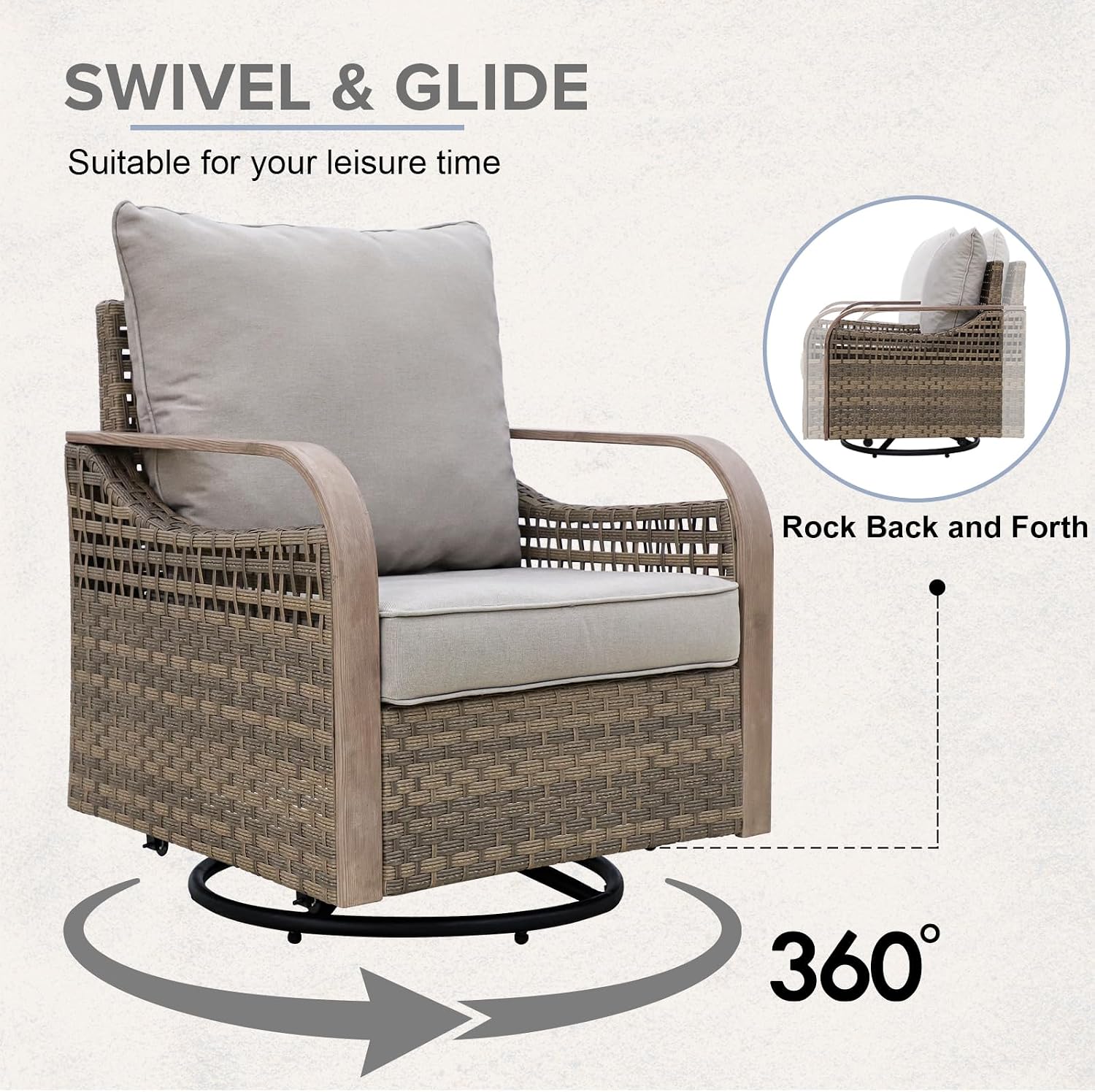 COOS BAY Modern Outdoor Swivel Rocker Chairs, Wicker Glider Rocking Chairs with Cushions, 360° Swivel Rattan Patio Seating, 2 Pieces, Brown/Gray