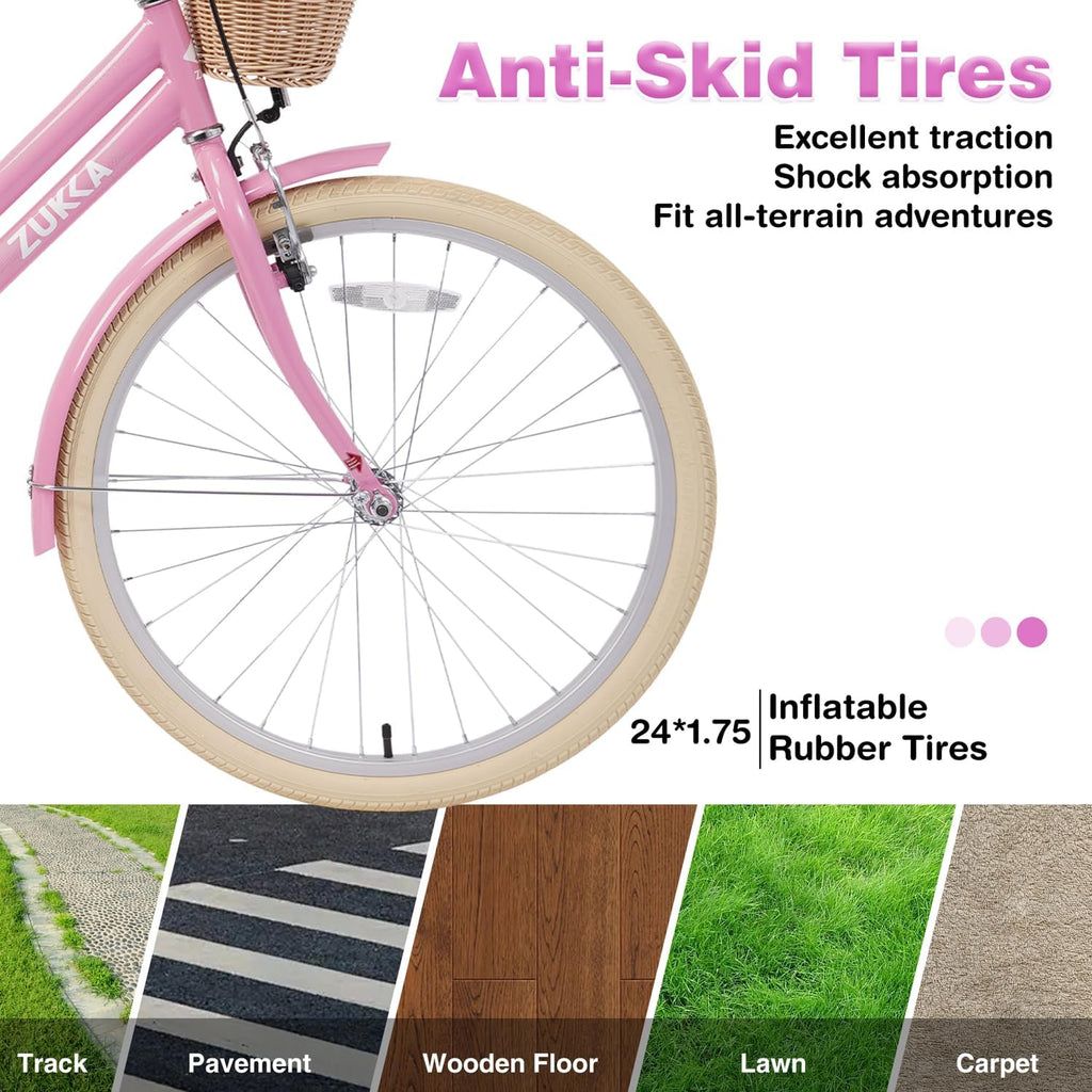 24 Inch Girls Bike ，Girls Bike with Basket for 10+ Years Old Kids，No Training Wheels Included ，Single Speed,Multiple Colors