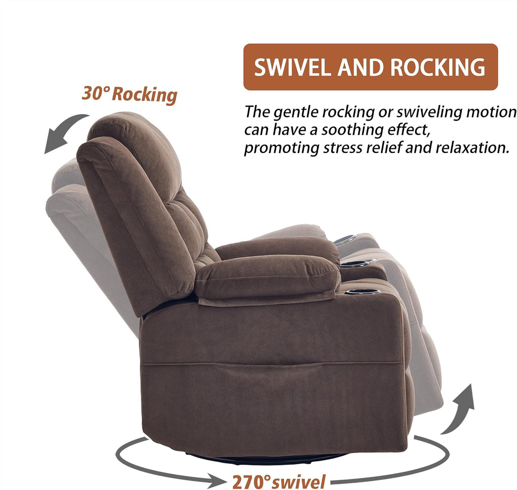 Ketaiyou Swivel Rocker Recliner Chair for Adults with Massage and Heat, Cup Holders and Side Pockets, Glider Rocking Reclining Single Sofa Chair for Living Room (Cocoa)