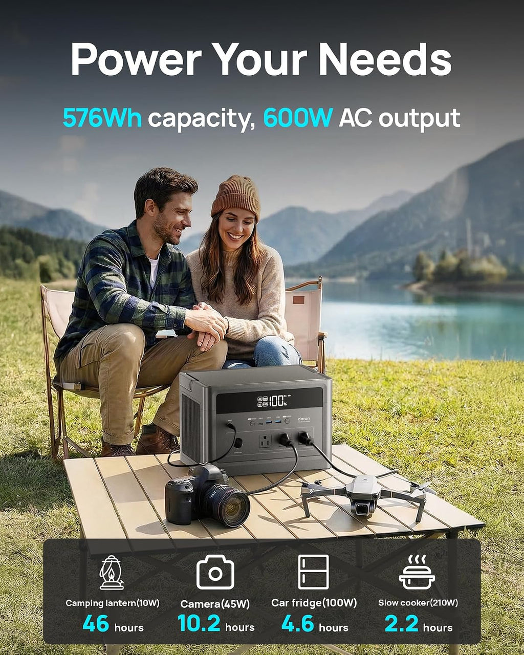 DaranEner 600W Portable Power Station (1200W Peak), 576Wh LiFePO4 Battery Solar Generator for Home Use, 3.3H Fast Charging Power Station, Emergency Backup for Camping, CPAP (Solar Panel Optional)