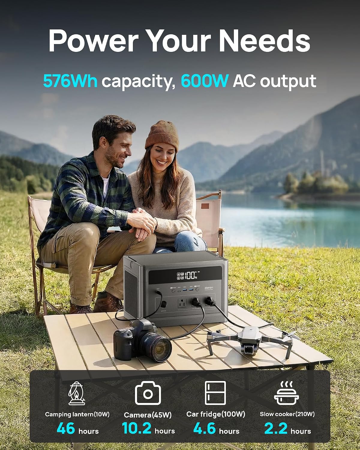 DaranEner 600W Portable Power Station (1200W Peak), 576Wh LiFePO4 Battery Solar Generator for Home Use, 3.3H Fast Charging Power Station, Emergency Backup for Camping, CPAP (Solar Panel Optional)