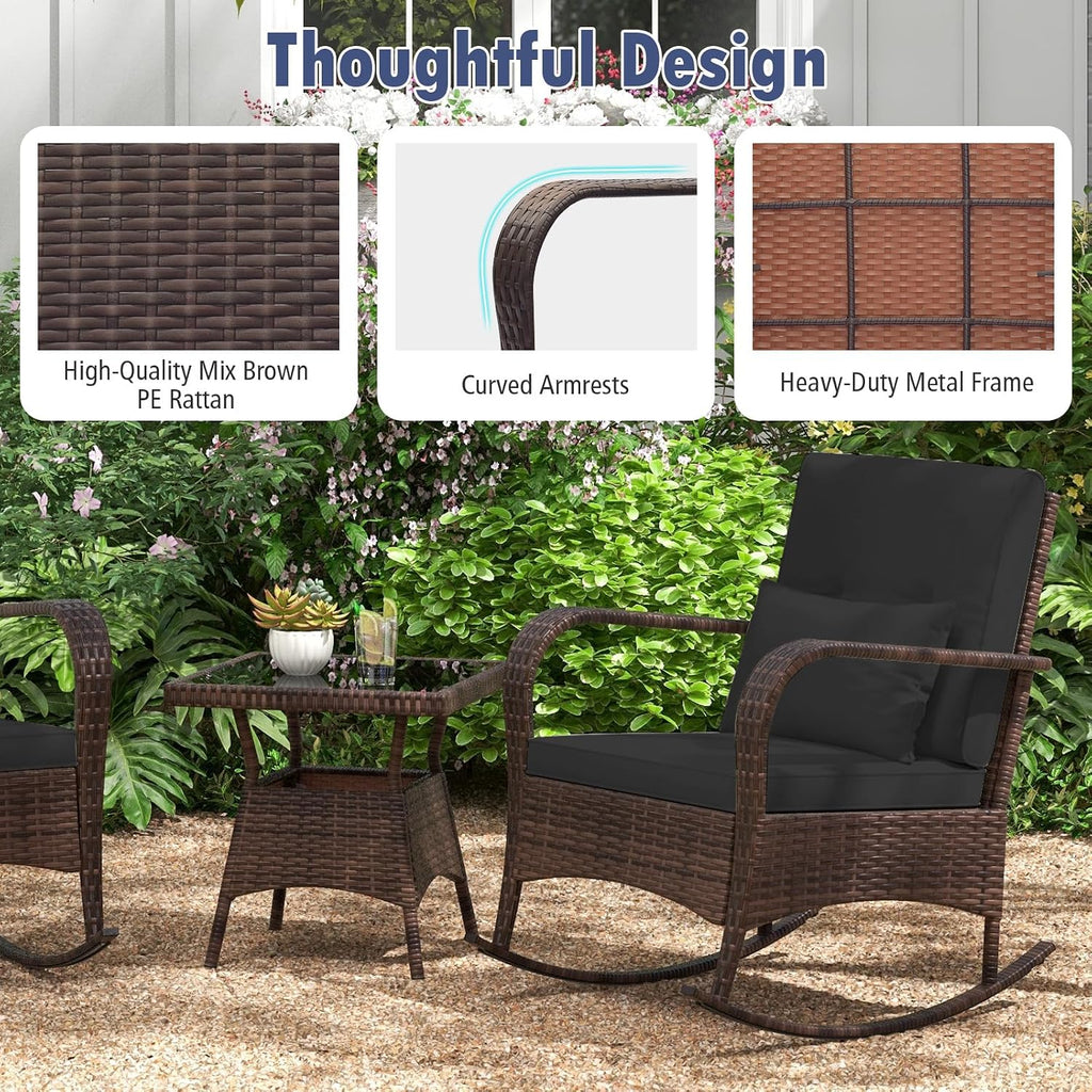 Tangkula 3 Pieces Rocking Bistro Set, Patiojoy Outdoor PE Rattan Rocker Chairs with Removable Cushions & Tempered Glass Top Coffee Table, Outdoor Wicker Furniture Set for Porch, Garden (Black)