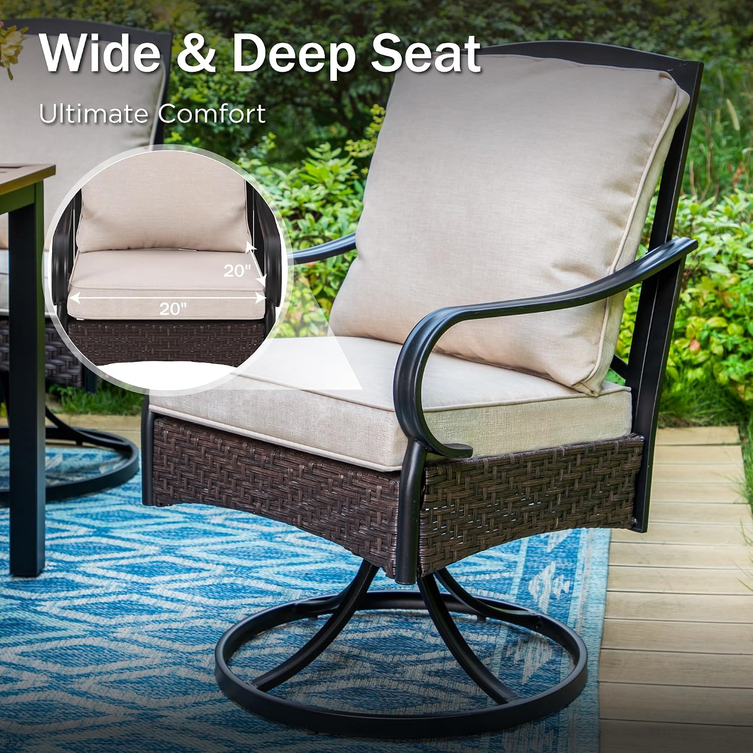 PHI VILLA Patio Swivel Chairs Set of 2, Heavy Duty Outdoor Metal Wicker Dining Chair with Thickened Cushions, Large All Weather Wrought Iron Deck Chair Lawn Furniture Support 300lbs
