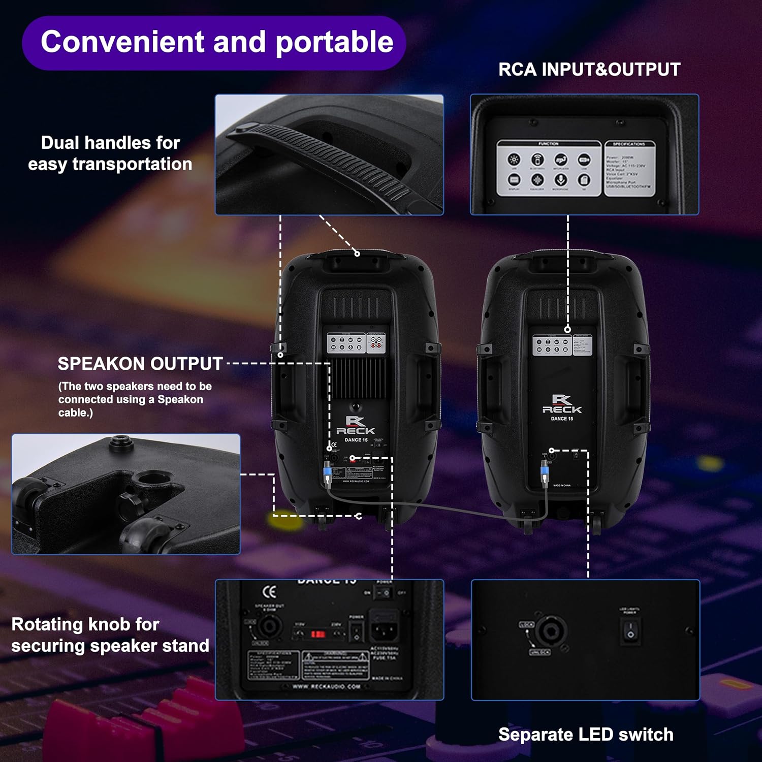 Proreck Dance 15 Portable 15-Inch 2000 Watt 2-Way Powered PA Speaker System Combo Set with Bluetooth/USB/SD Card Reader/FM Radio/Remote Control/LED Light